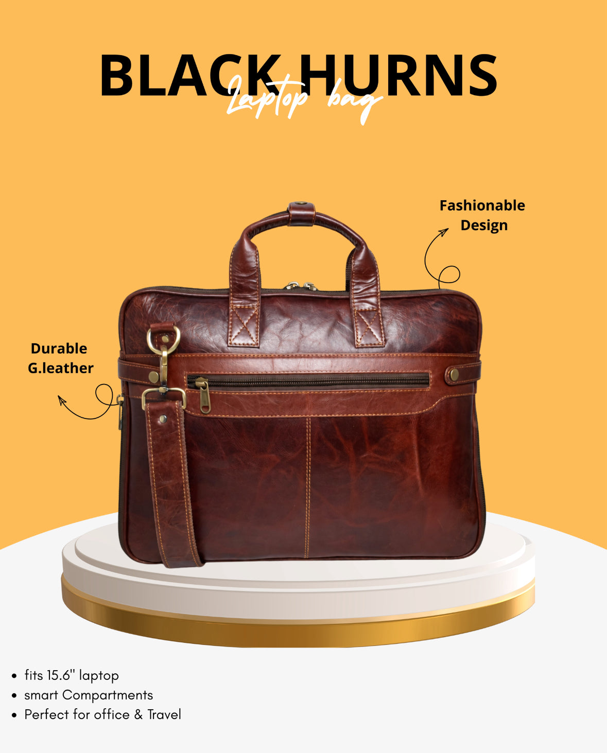 Black Hurns Genuine Leather Laptop Bag for Men 15.6 Inch