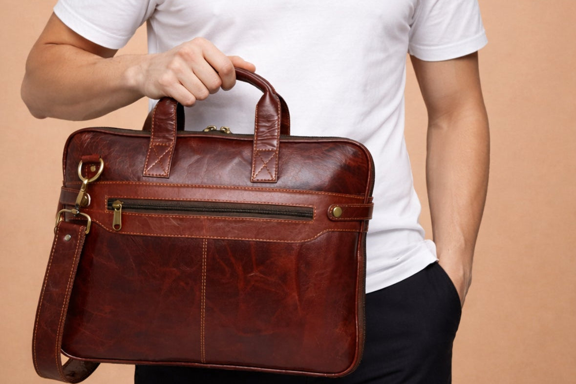 Man holding a brown leather briefcase against a beige background