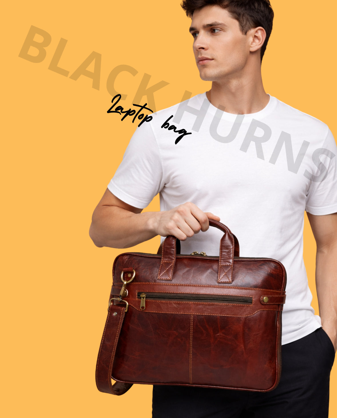 Black Hurns Genuine Leather Laptop Bag for Men 15.6 Inch