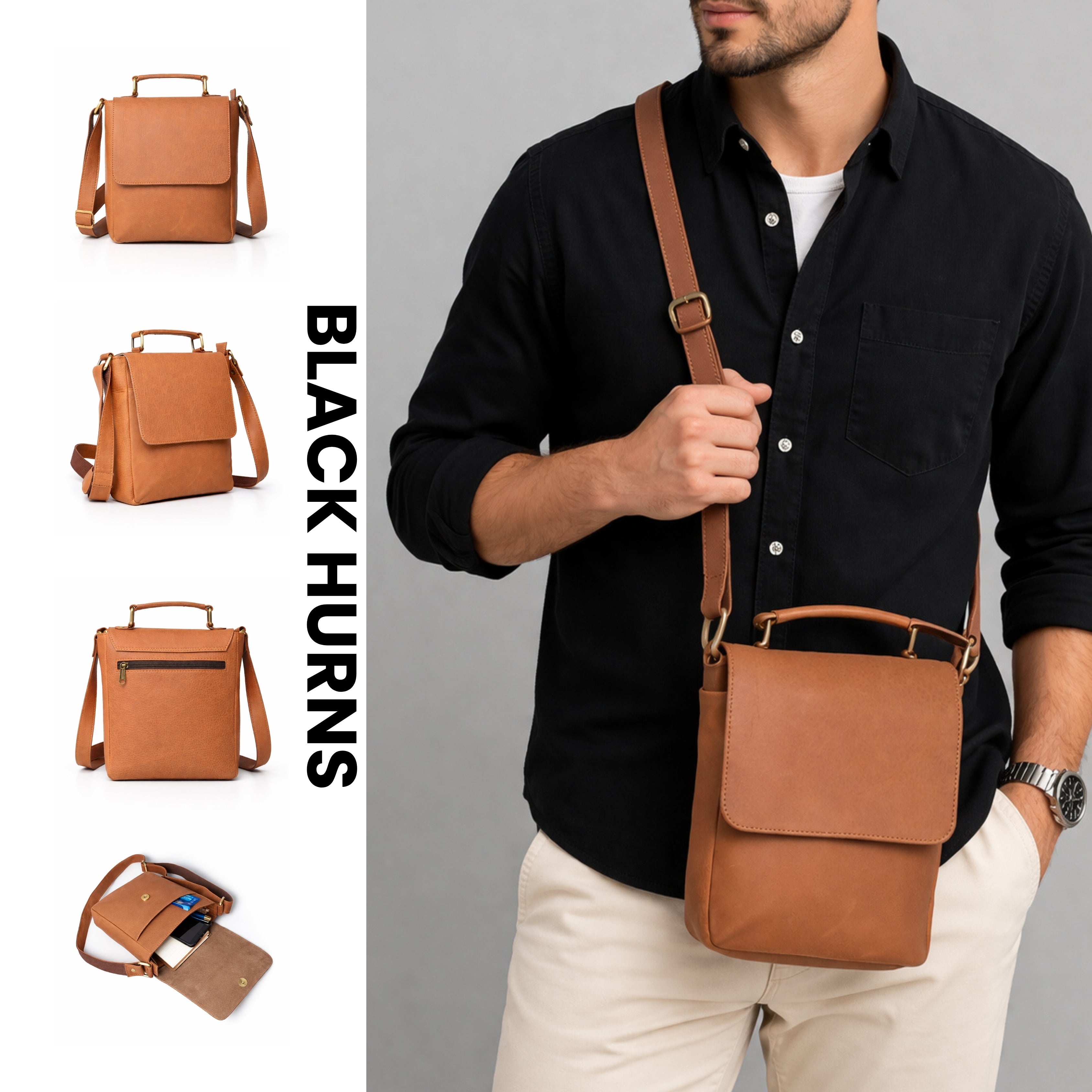 Black Hurns Genuine Leather Sling Bag for Men & Women