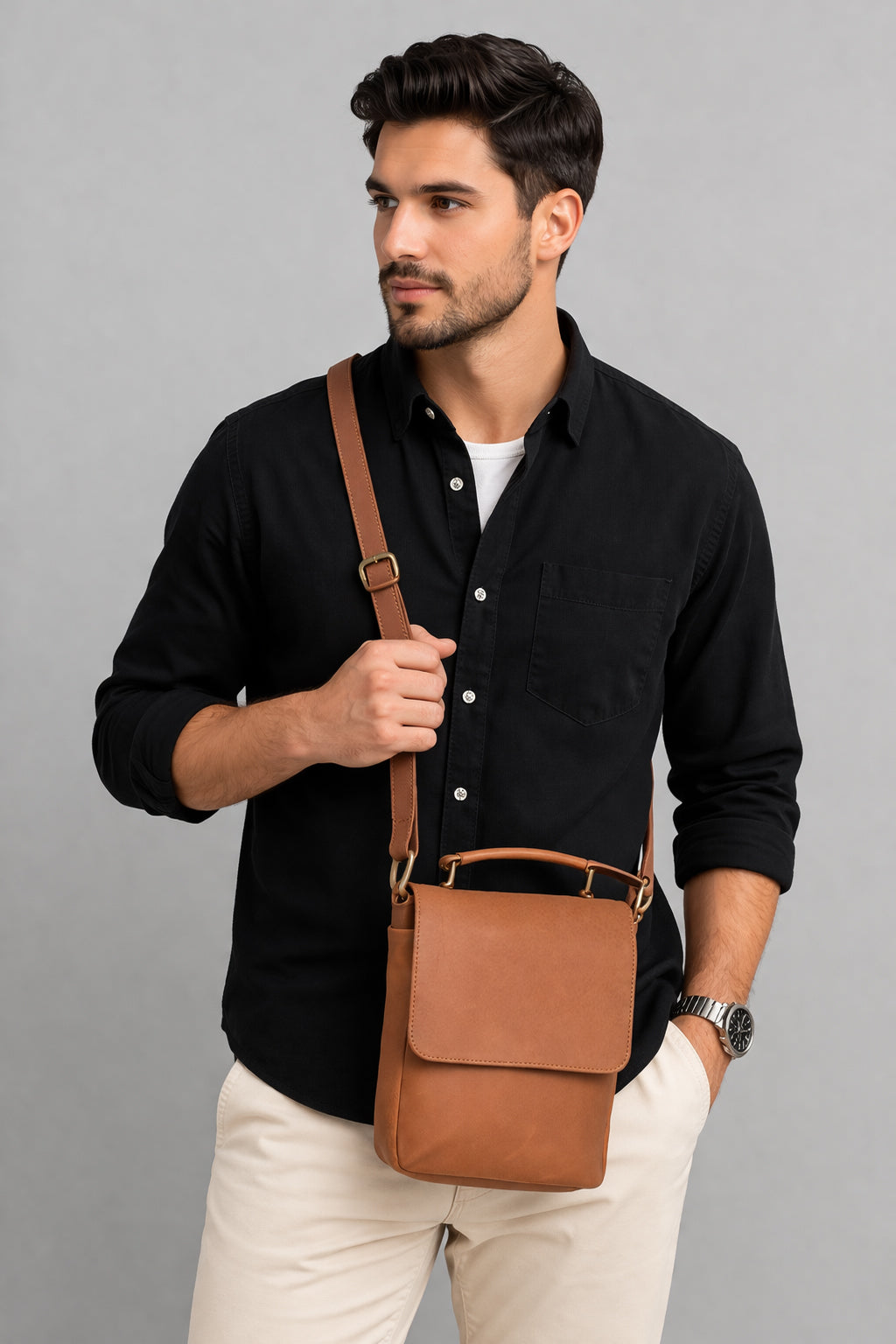Black Hurns Genuine Leather Sling Bag for Men & Women