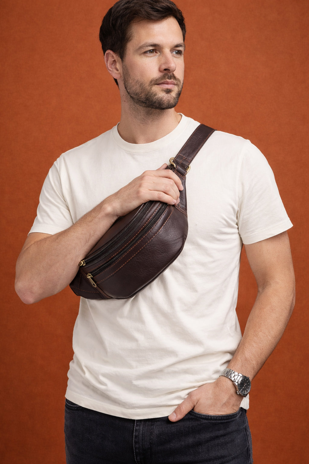 Black Hurns Genuine Leather Waist Bag for Men & Women