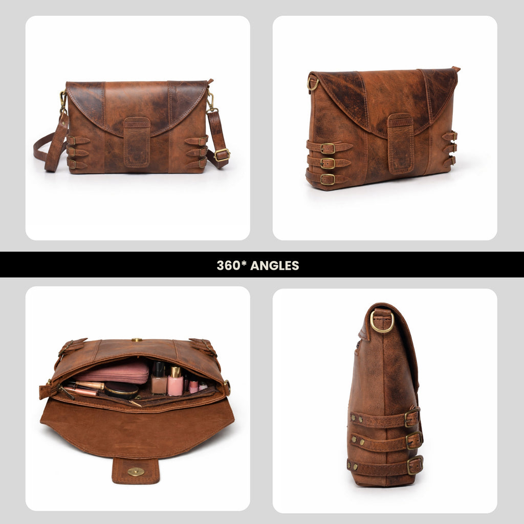 Black Hurns Vintage Leather Sling Bag for Women