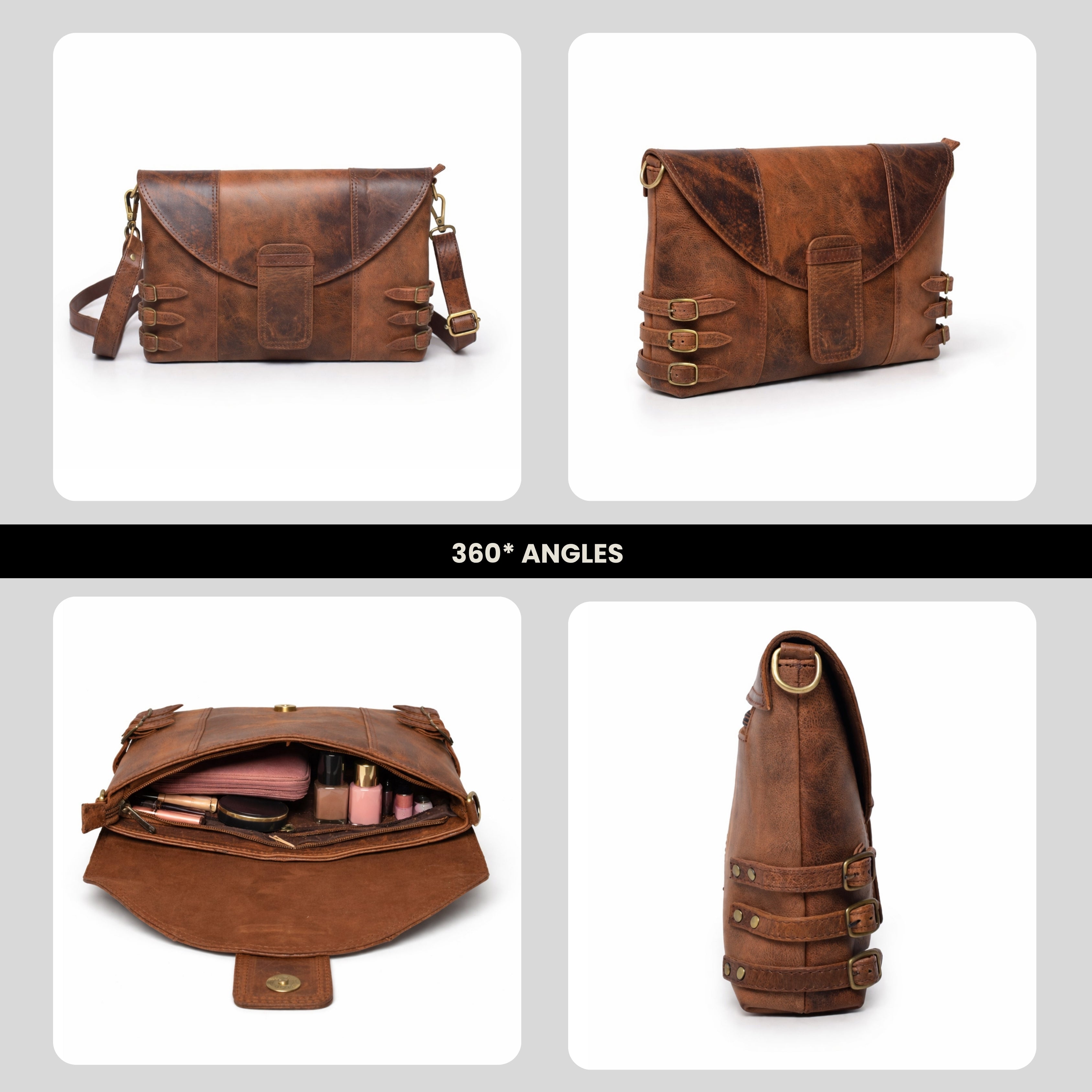 Black Hurns Vintage Leather Sling Bag for Women