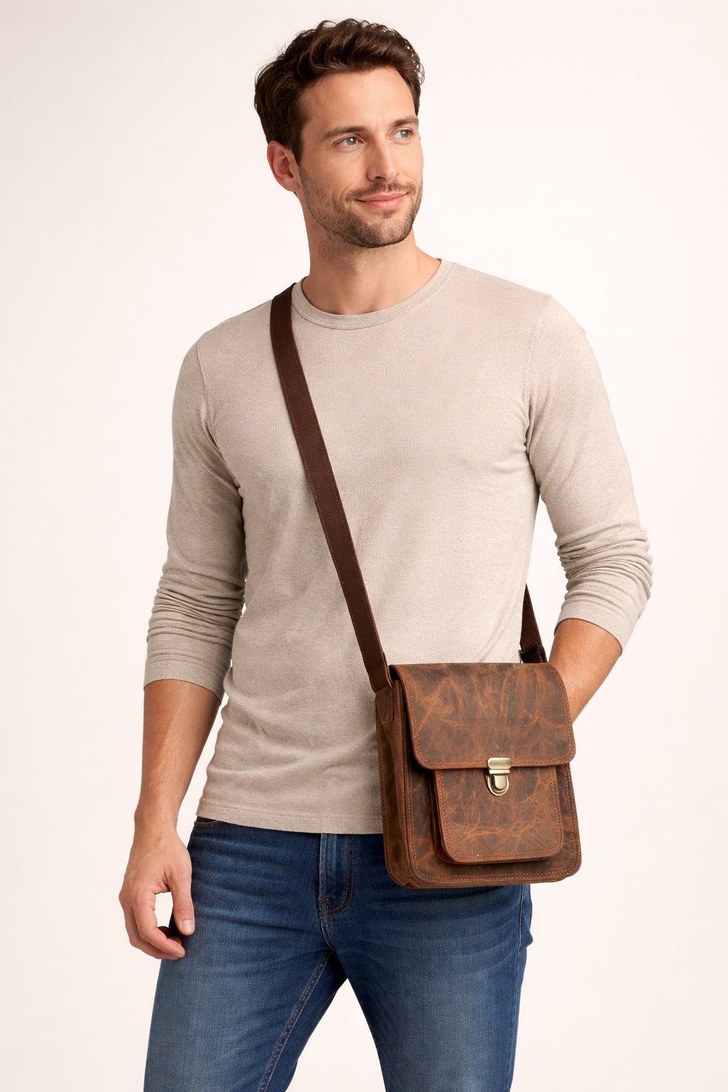 Black Hurns Genuine Leather Sling Bag for Men & Women