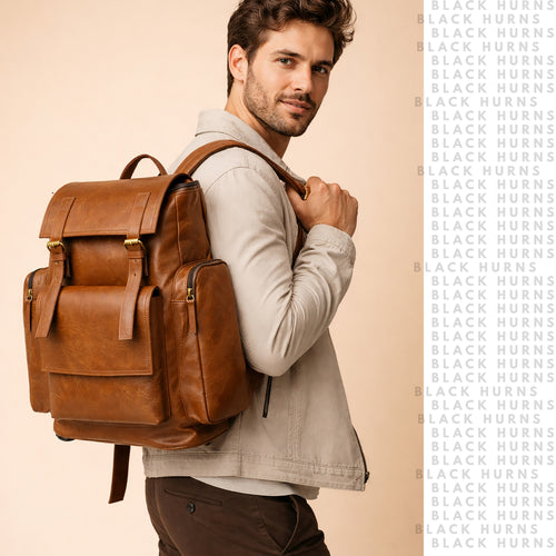 Black Hurns Genuine Leather Backpack for Men