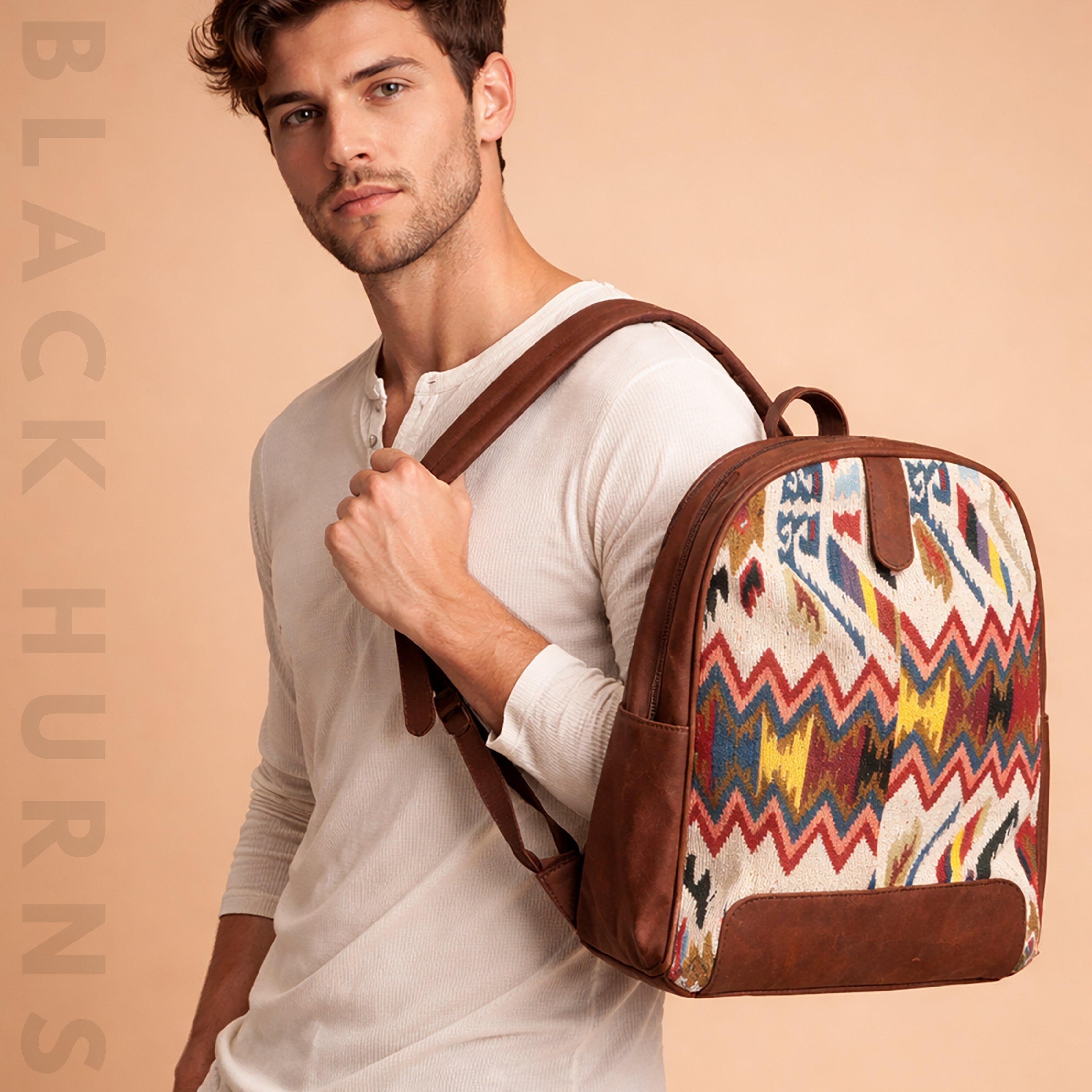 Black Hurns Leather & Fabric Backpack for Women & Men