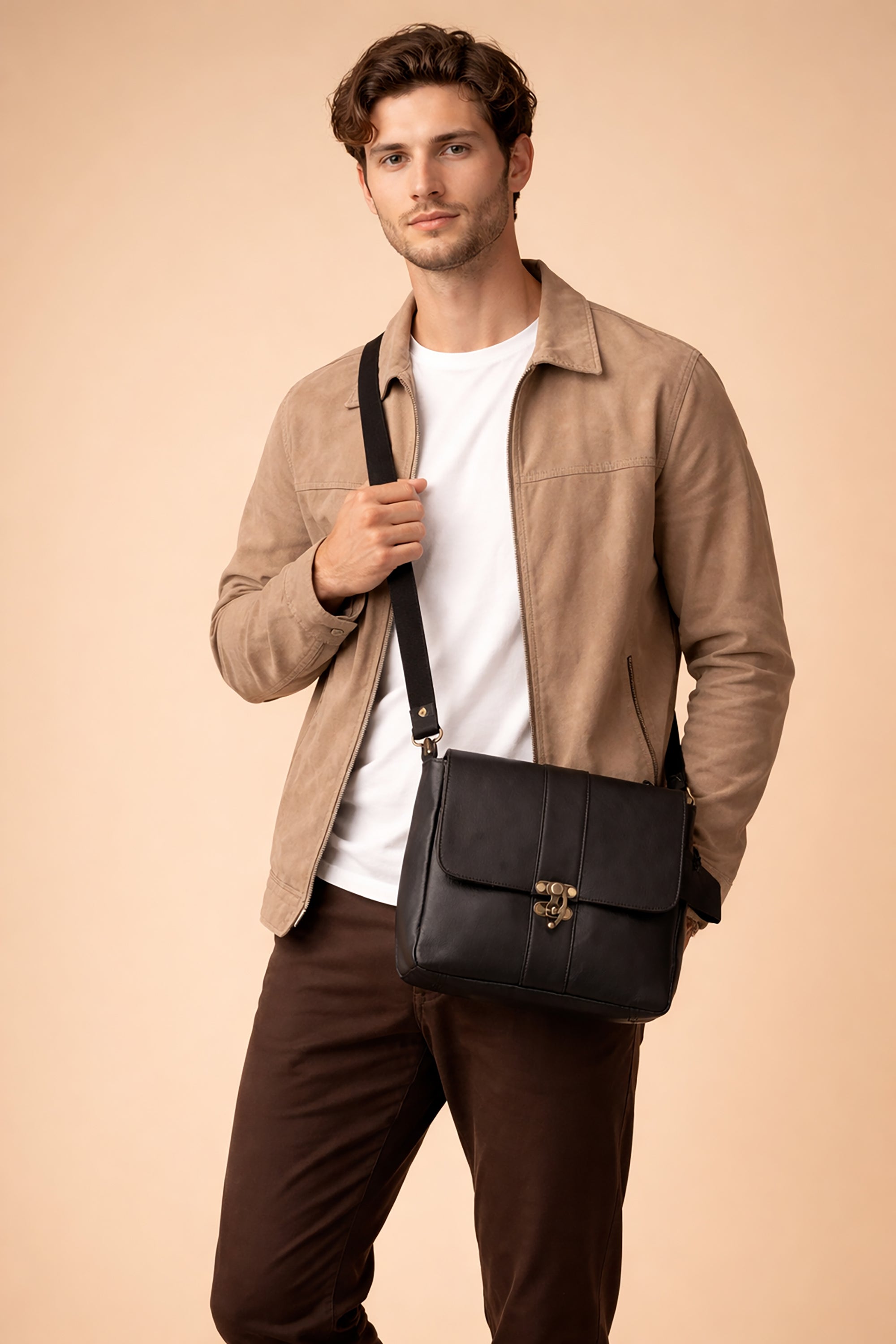 Black Hurns Genuine Leather Messenger Bag for Men & Women