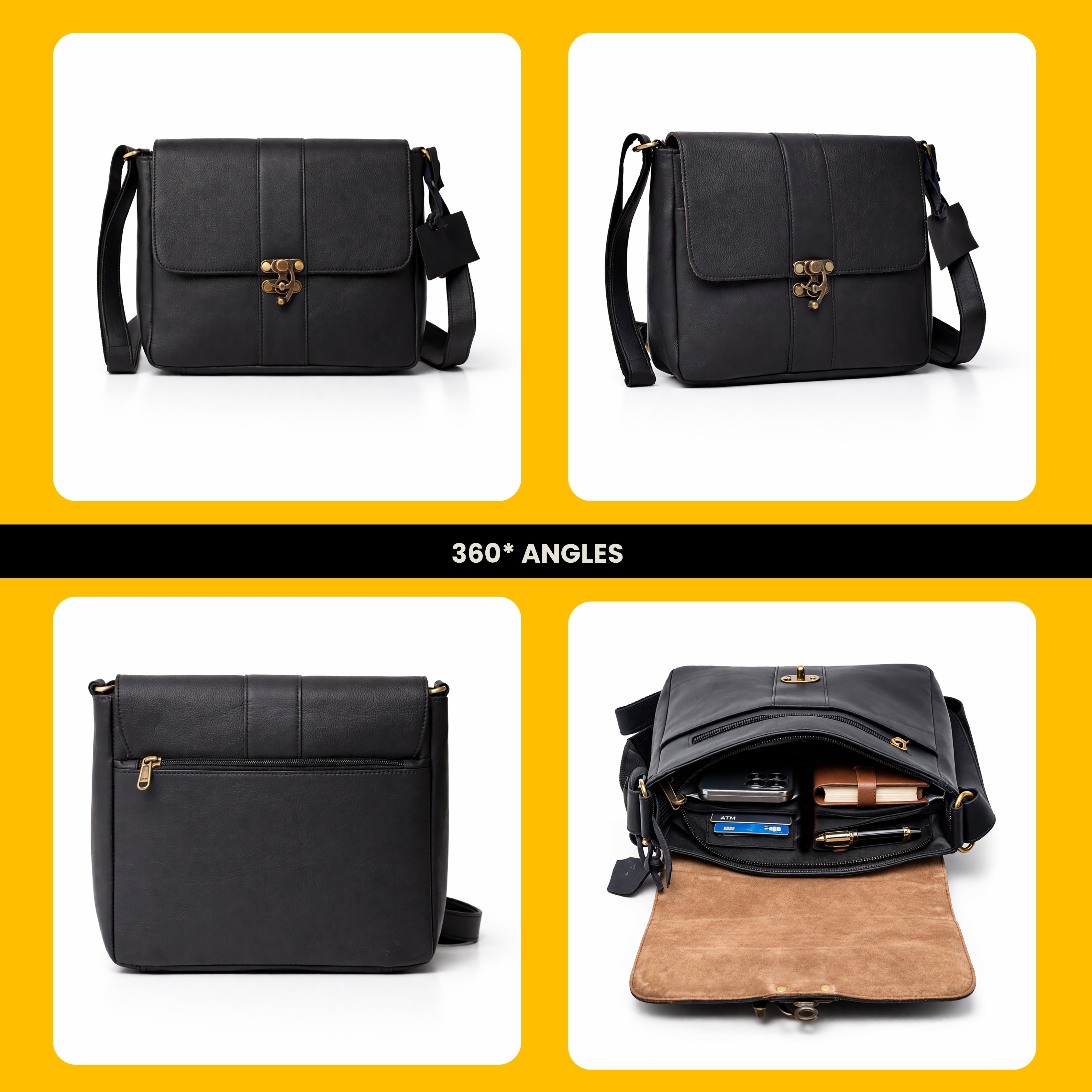 Black Hurns Genuine Leather Messenger Bag for Men & Women