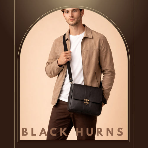 Black Hurns Genuine Leather Messenger Bag for Men & Women