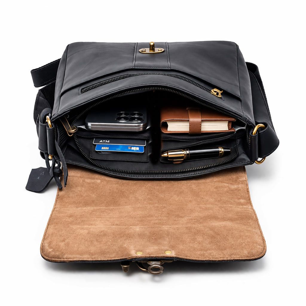 Black Hurns Genuine Leather Messenger Bag for Men & Women