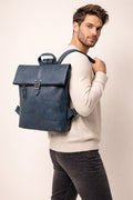 Black Hurns Genuine Leather Roll Top Backpack for Men & Women