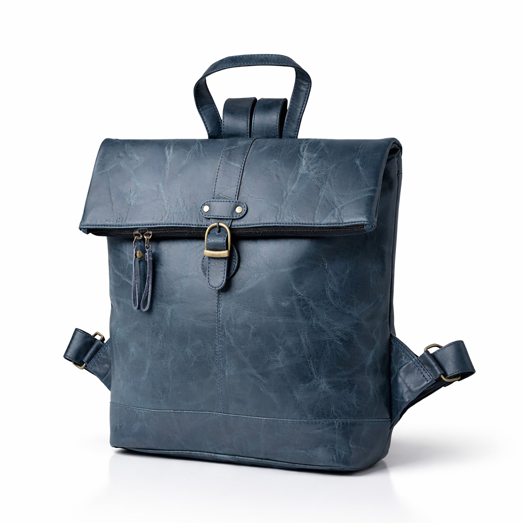 Black Hurns Genuine Leather Roll Top Backpack for Men & Women