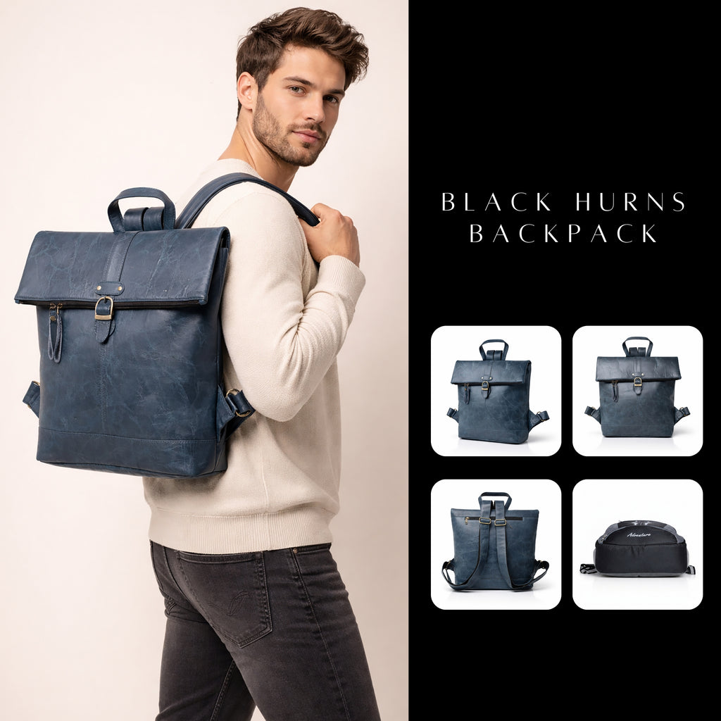 Black Hurns Genuine Leather Roll Top Backpack for Men & Women