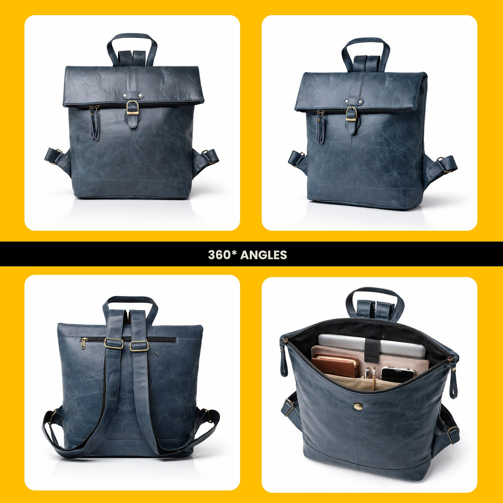Black Hurns Genuine Leather Roll Top Backpack for Men & Women