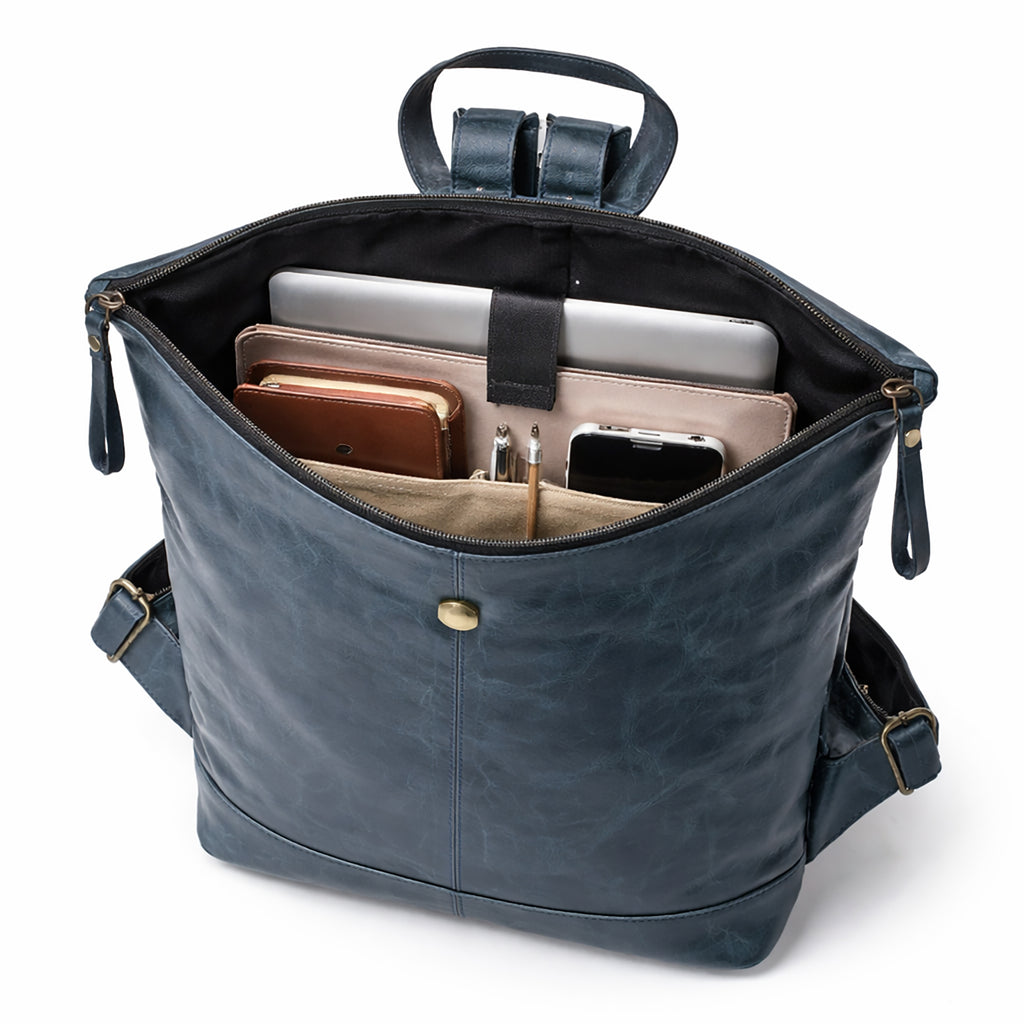 Black Hurns Genuine Leather Roll Top Backpack for Men & Women