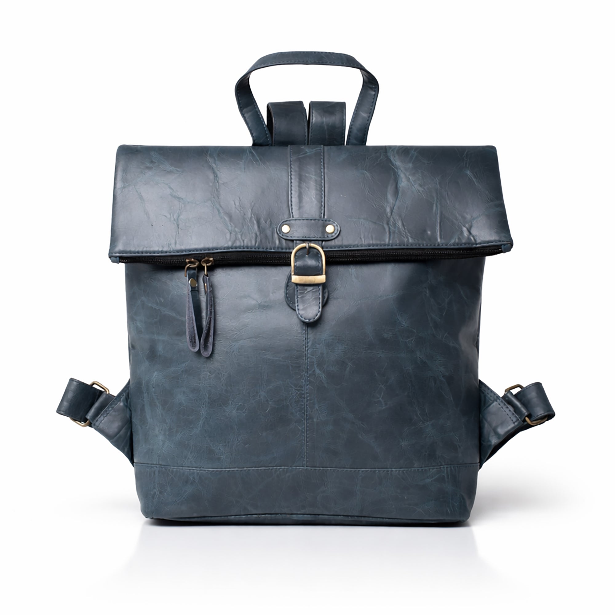 Black Hurns Genuine Leather Roll Top Backpack for Men & Women
